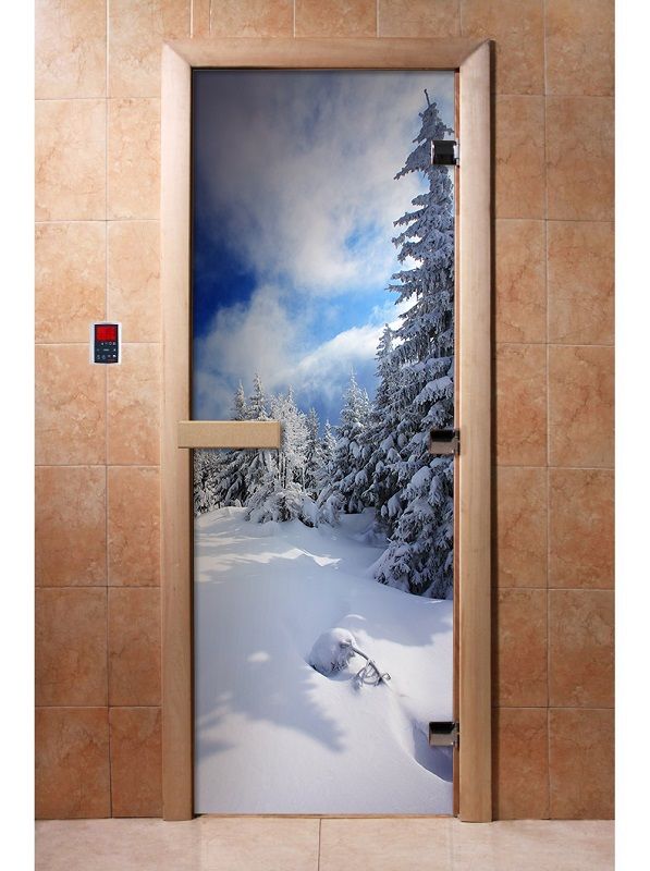 Дверь с фотопечатью A081 "Зима" стекло 8 мм, коробка ольха 3 петли