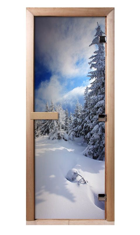 Дверь с фотопечатью A081 "Зима" стекло 8 мм, коробка ольха 3 петли