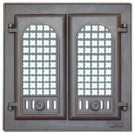 Дверца каминная 2-х створчатая со стеклом LK 302 с решеткой 410х410 мм