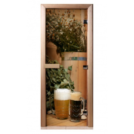Дверь с фотопечатью A017 "Банька" стекло 8 мм, коробка ольха 3 петли