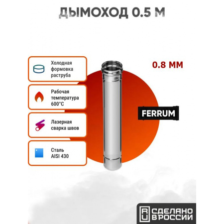 Дымоход Ferrum 0,5 м AISI 430/нерж. 0,8 мм