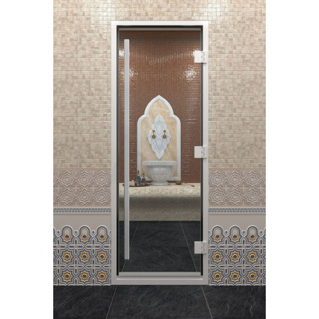 Дверь "Хамам Престиж Прозрачное" 6 мм коробка алюминиевая, 3 петли