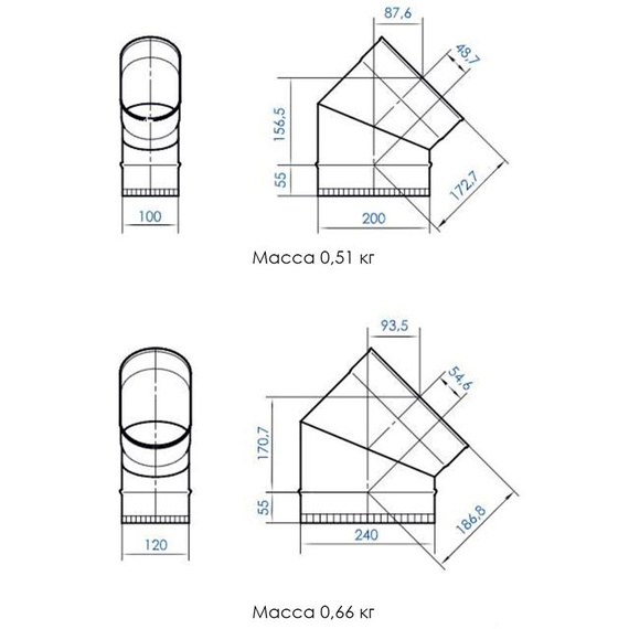 Колено 45° большее Craft Oval AISI 316L/нерж. 0,5 мм 2277