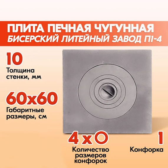 Плита печная чугунная под казан П-1-6 (П1-4) 600х600х20 мм 6400