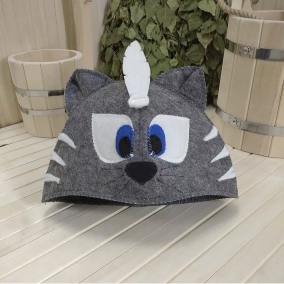 Шапка модельная серая "Кот-Вождь Индейцев" ТМ "Жар-Банька 620