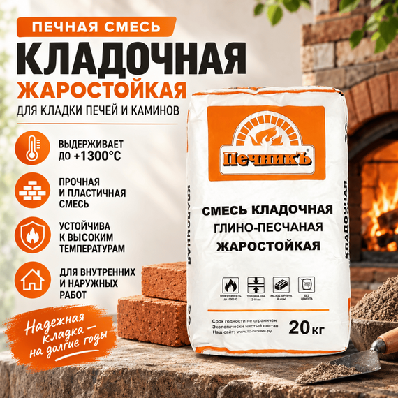 Смесь кладочная глино-песчаная жаростойкая " Печникъ", мешок 20 кг 