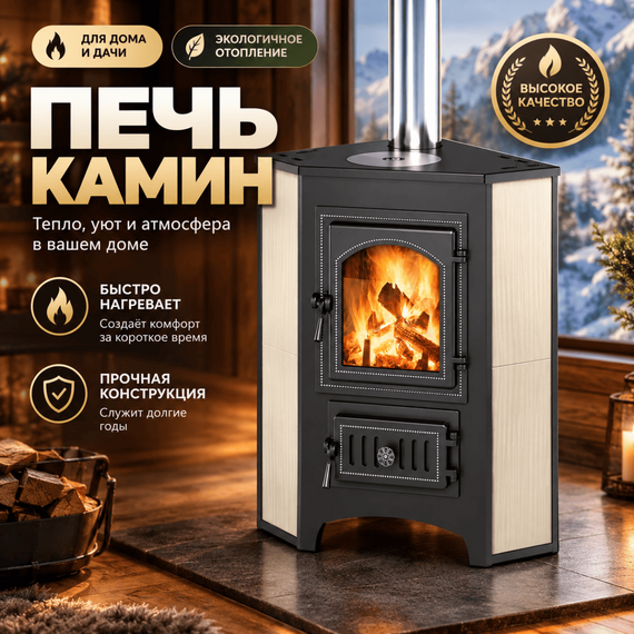 ПК-01 (220) угловой печь-камин до 150м3 с конфоркой бежевый 