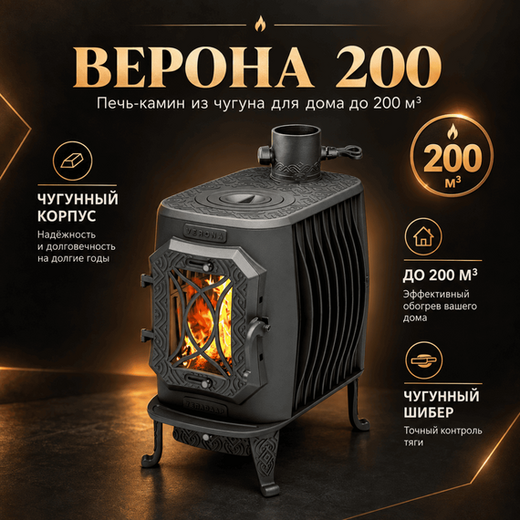 Верона 200 печь-камин чугунный до 200м3 с чугунным шибером 