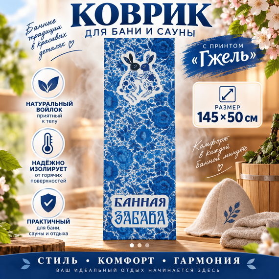 Коврик для бани и сауны с принтом "Гжель" 145х50см войлок белый синтетический 